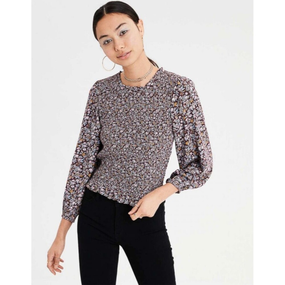 American Eagle Ditsy Floral Long Sleeve Ruffle Trim Full Body Smocked Top S